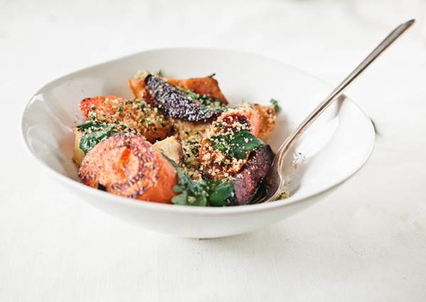 Roasted root vegetable salad with herbed breadcrumbs