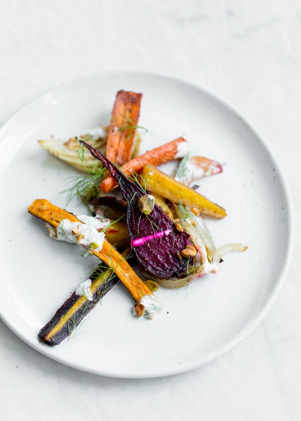 Roasted root veggies with fennel & pistachio yogurt