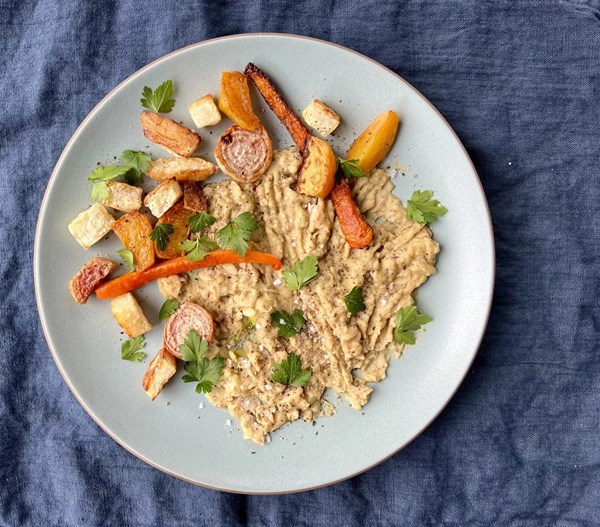 Roasted roots with fork-smashed beans