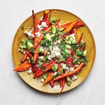 Roasted roots with green salsa