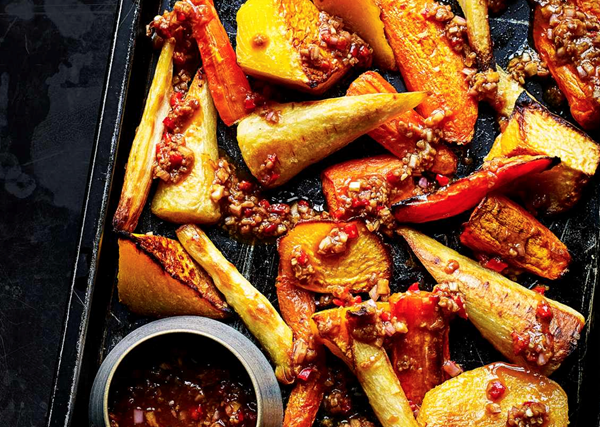 Roasted roots with umami dressing