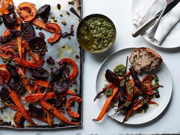 Roasted roots with wasted pesto