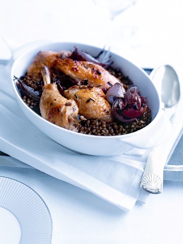Roasted rosemary chicken with lentils