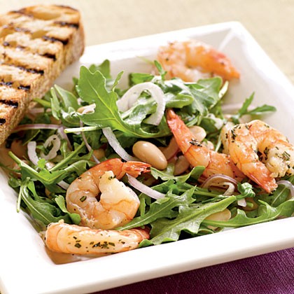 Roasted rosemary shrimp with arugula and white bean salad