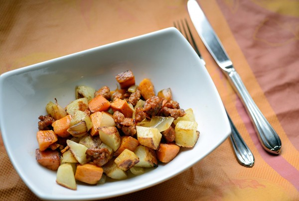 Roasted russet and sweet potato hash with chorizo