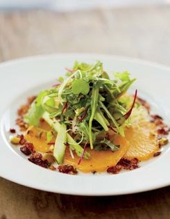 Roasted rutabaga salad with pistachio and charred onion