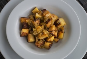 Roasted rutabagas with golden raisin-maple vinaigrette