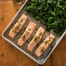 Roasted salmon and broccoli rabe with pistachio gremolata