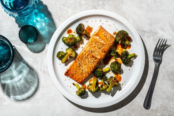 Roasted salmon and broccoli with ginger-soy marinade