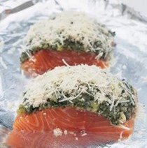 Roasted salmon fillets with a crusted pecorino and pesto topping