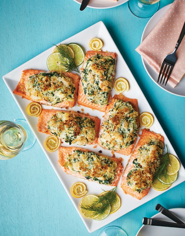 Roasted salmon fillets with crab cake topping