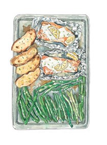 Roasted salmon, green beans, and crusty bread