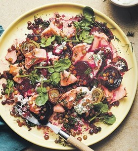 Roasted salmon, lentil & beetroot salad