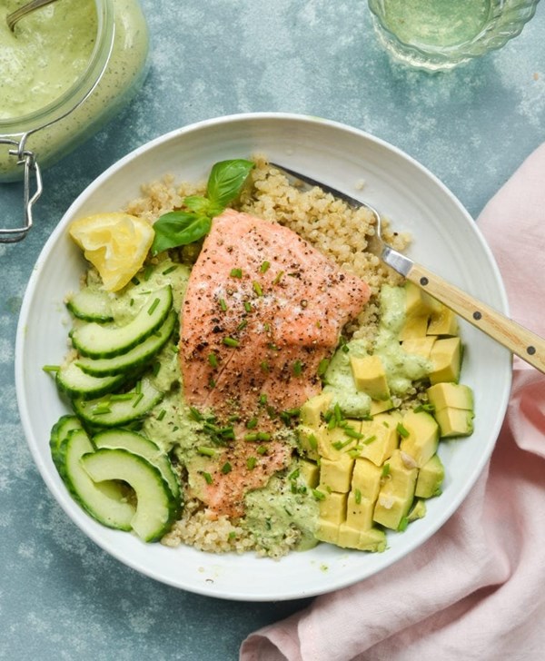 Roasted salmon quinoa bowls with avocado, cucumber & green goddess dressing