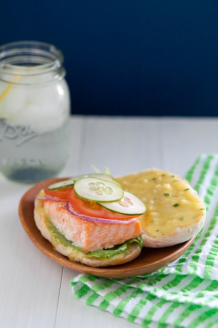 Roasted salmon sandwich with garlic chive aioli