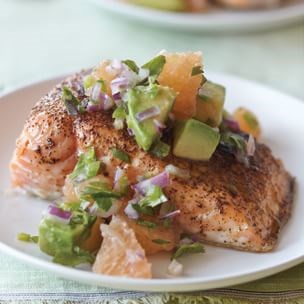 Roasted salmon with avocado and grapefruit salsa