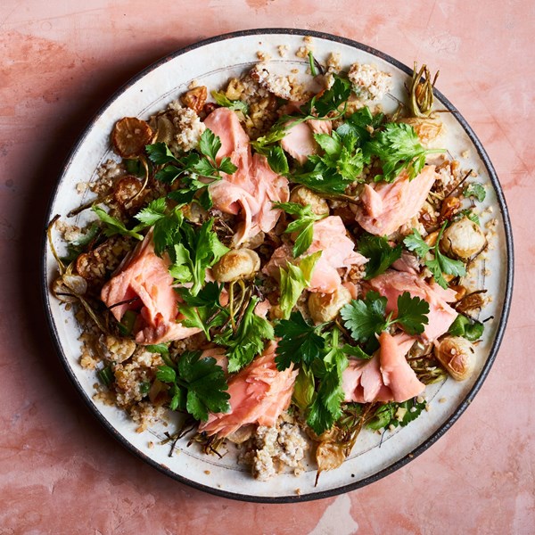 Roasted salmon with celery and bulgur salad