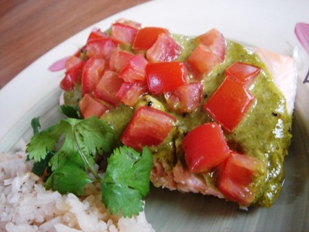 Roasted salmon with cilantro pesto