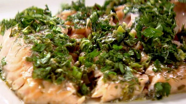 Roasted salmon with green herbs