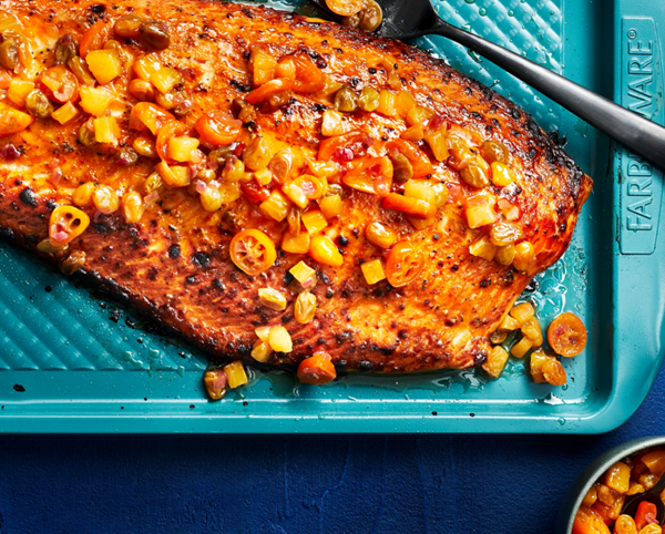 Roasted salmon with kumquat-pineapple chutney