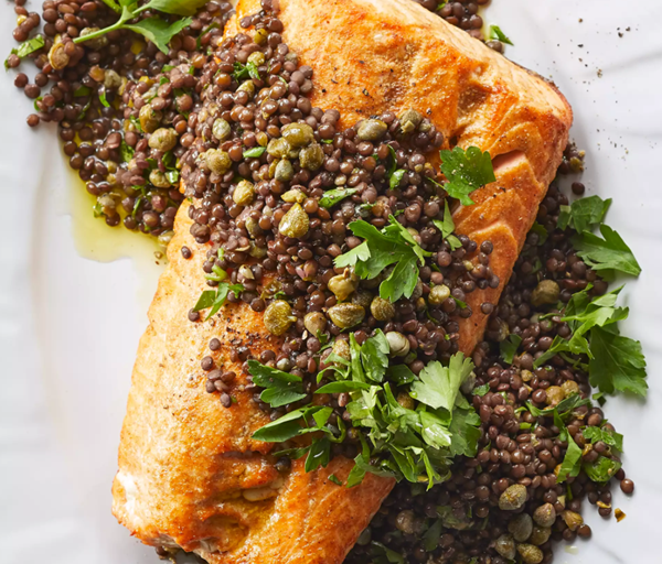 Roasted salmon with lentil "caviar"
