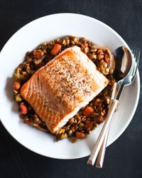 Roasted salmon with lentils and bacon