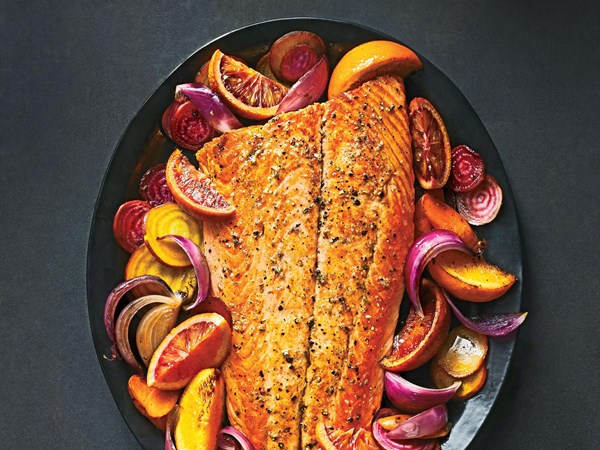 Roasted salmon with oranges, beets, and carrots