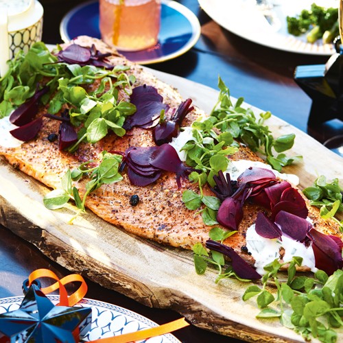 Roasted salmon with pickled baby beetroot and creme fraiche dressing