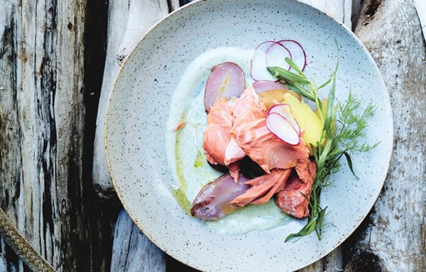 Roasted salmon with potatoes and herbed crème fraîche