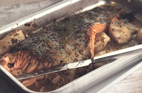 Roasted salmon with scallops and mustard butter