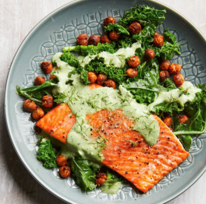 Roasted salmon with smoky chickpeas & greens