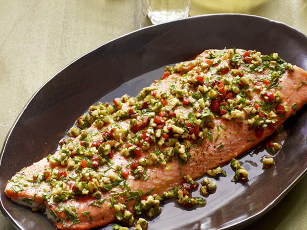 Roasted salmon with walnut-pepper relish