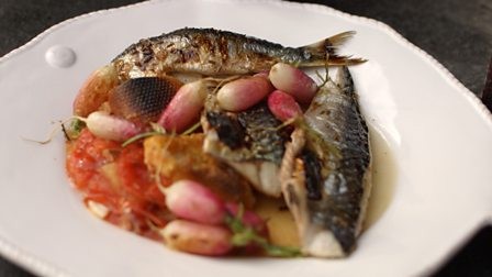 Roasted sardines and mackerel with radishes