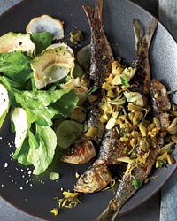 Roasted sardines with olives, capers and parsley