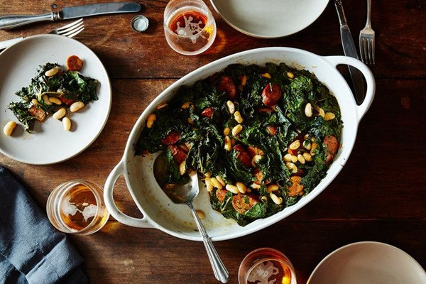 Roasted sausage, chard, and cannellini beans