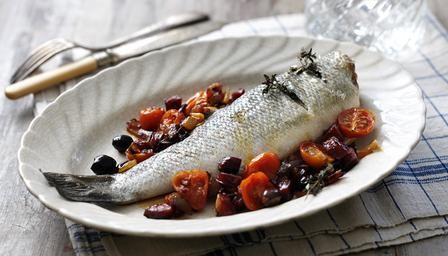 Roasted sea bass with chorizo, red onion & cherry tomatoes