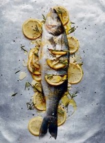 Roasted sea bass with rosemary, lemon and garlic