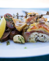 Roasted sea bass with summer squash