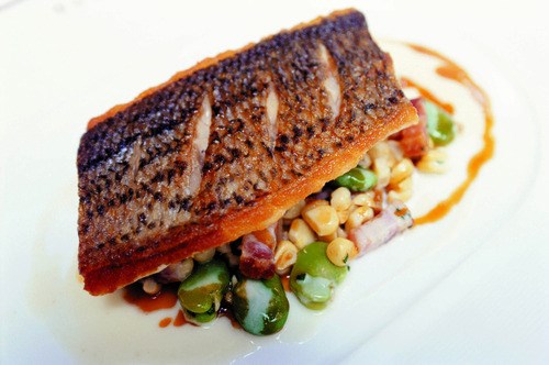 Roasted sea bass with sweet corn