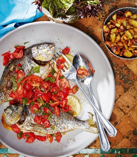 Roasted sea bream, tomato salad and rosemary potatoes