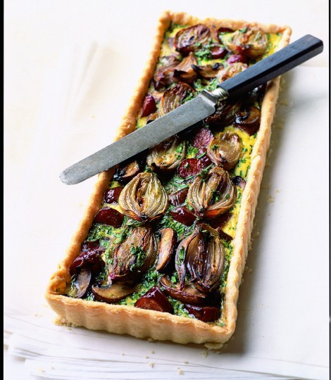 Roasted shallot, mushroom and smoked sausage tart