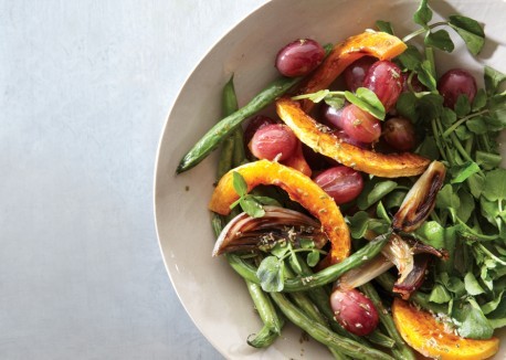 Roasted shallot, squash, grape, and green bean salad