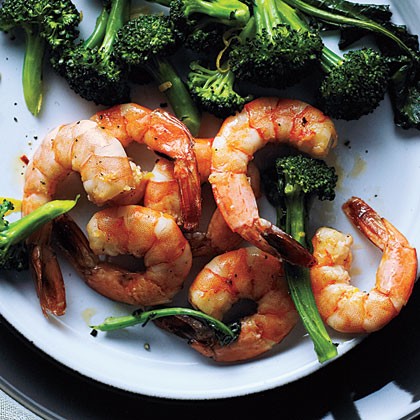 Roasted shrimp and broccoli with garlic-basil corn