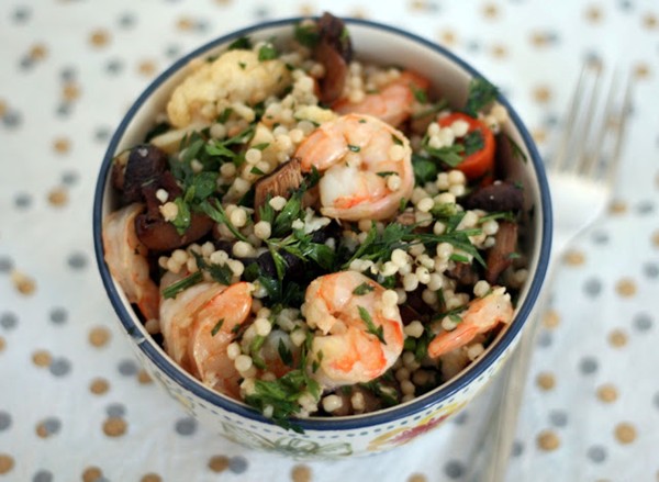 Roasted shrimp and vegetable pearl cous cous salad