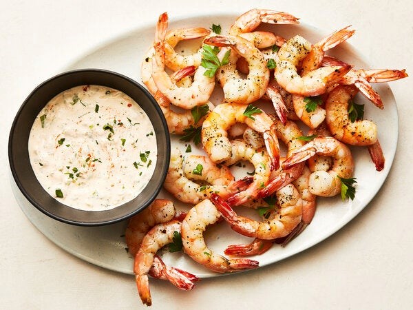 Roasted shrimp cocktail with horseradish sauce