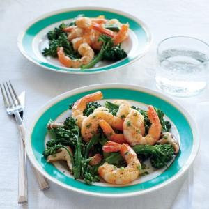 Roasted shrimp with mushrooms, broccolini, and foaming chive butter sauce