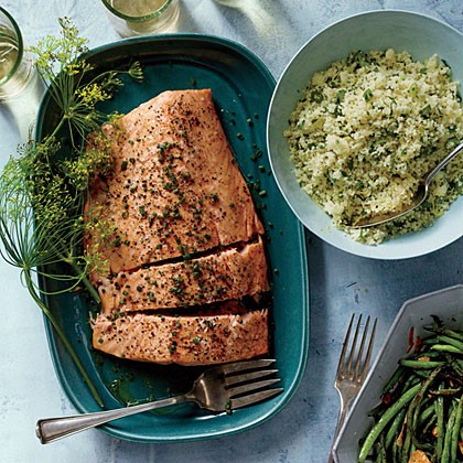 Roasted side of salmon with shallot cream