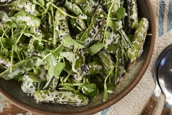 Roasted snap pea salad with Yakult-style dressing