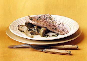 Roasted snapper with artichokes and lemon