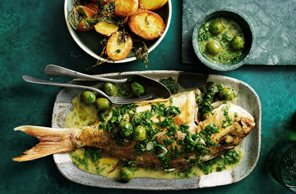 Roasted snapper with basil and olives